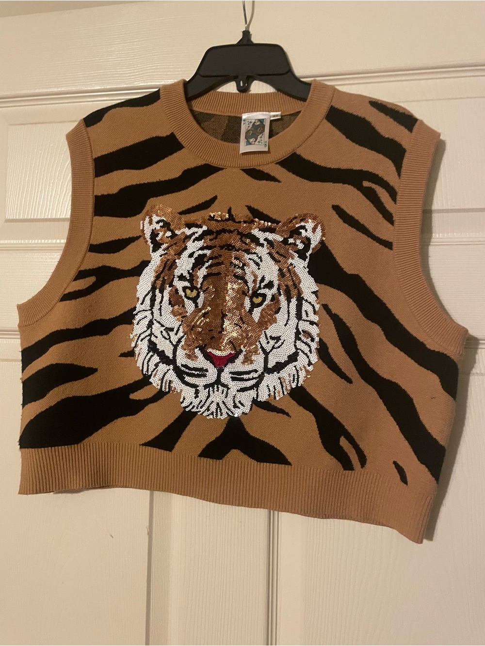 QUEEN OF SPARKLES Tan & Black Tiger Sequin Knit Vest